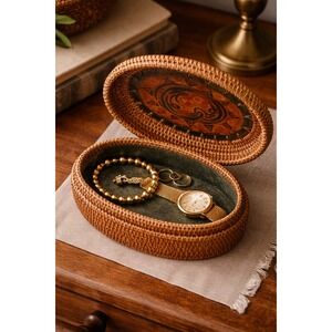 Vintage Woven Rattan Oval Lidded Box Hand Painted Lion Trinket Keepsake